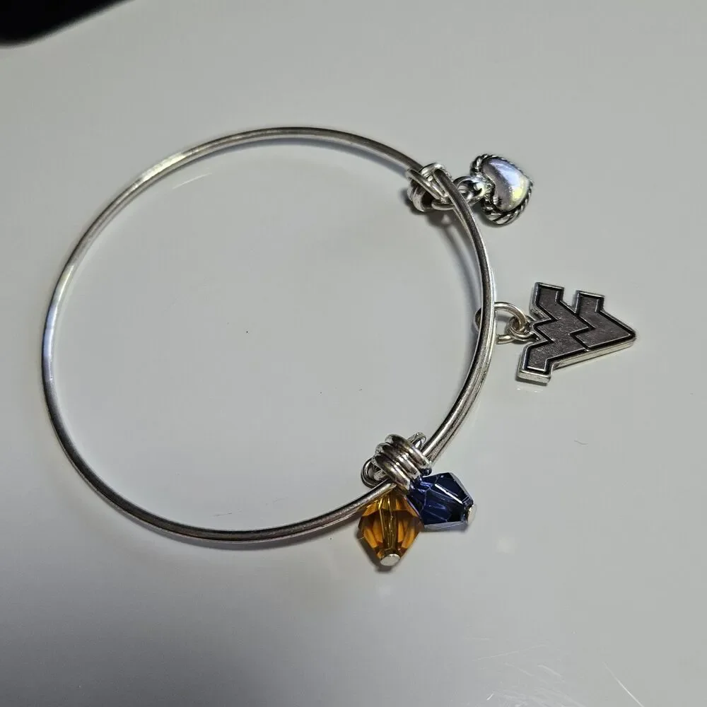 West Virginia Mountaineers Silver Tone Slide Heart Bead Charm Bracelet 7.5